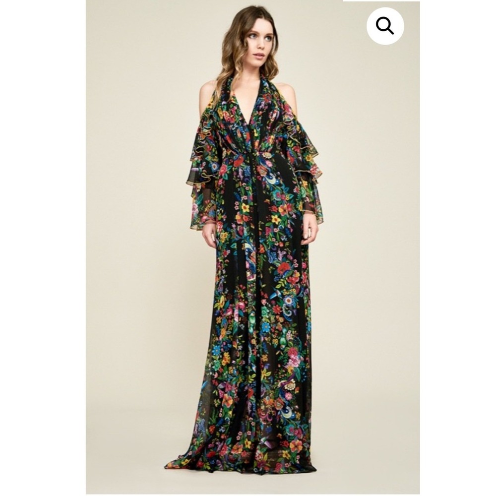 Tadashi Shoji Sunniva Crinkle Chiffon Flowy Floral Gown Black 0 Romantic Boho